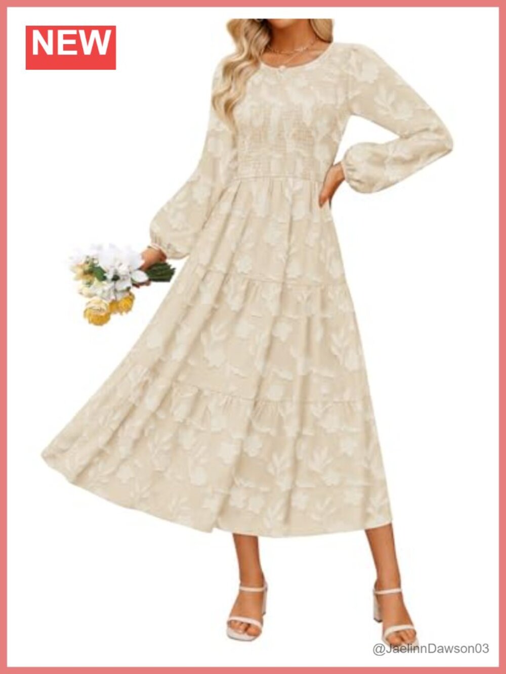 Boho Floral Midi Dress Long Sleeve A-Line High Waist Wedding Guest Fall